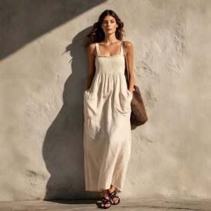 2026 Summer New European and American Style Cotton Linen Camisole Dress Women's Loose Vacation Style Long Dress Solid Color Beach Dress