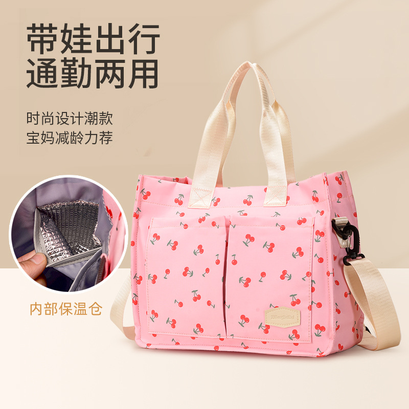 Mommy bag printed spring cherry color fashionable mother and baby bag for traveling light and large capacity crossbody mommy bag