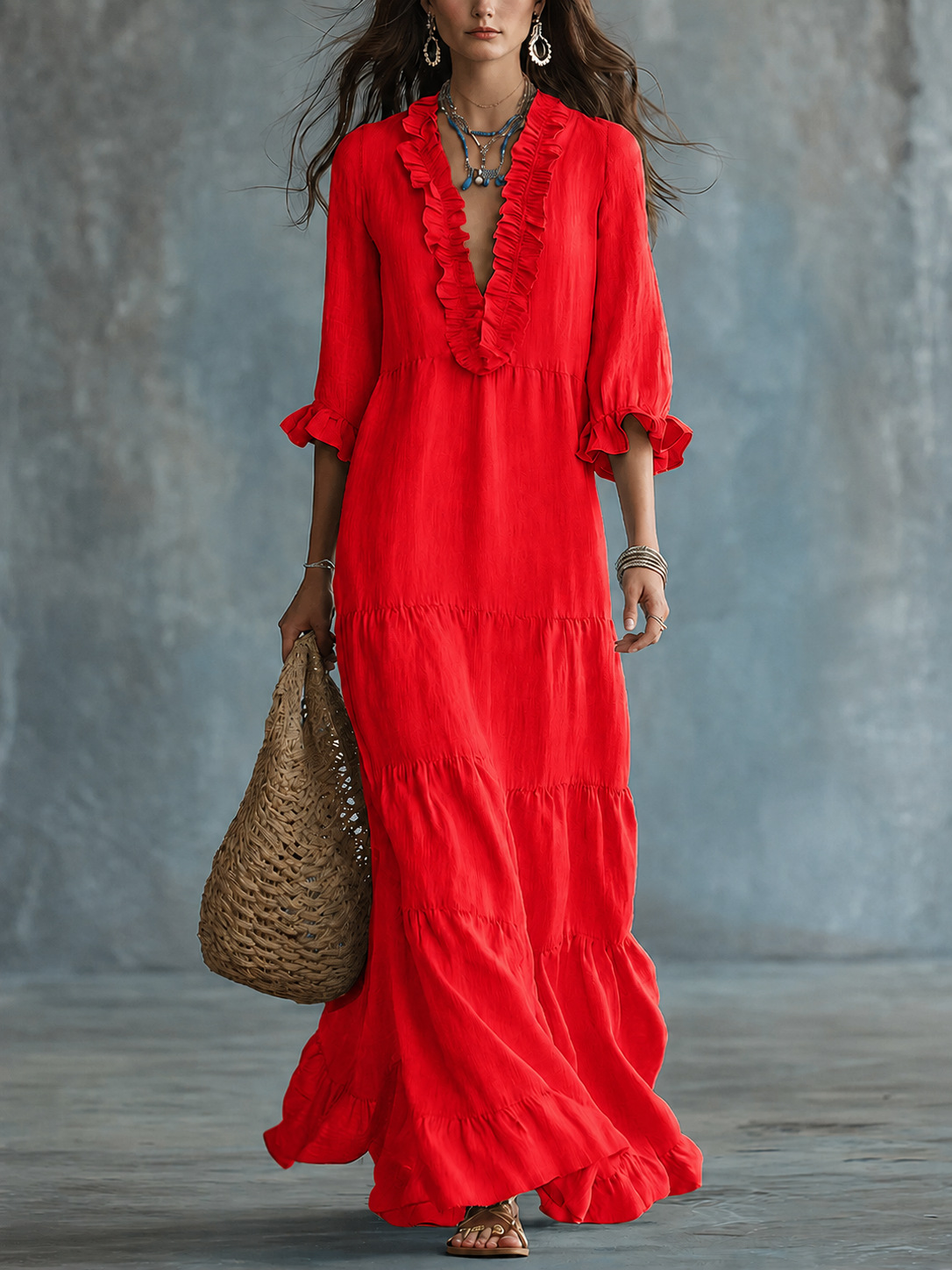 European and American cross-border Amazon TK women's bohemian V-neck layered casual flowy long ruffle dress - Image 14