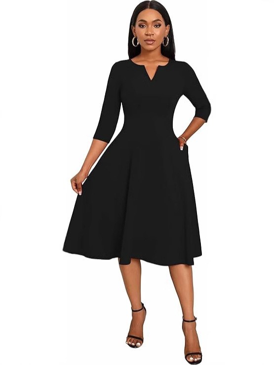 Amazon Midi Dress, Fitted Flare Dress, Three-Quarter Sleeve Wedding Guest Dress - Image 10