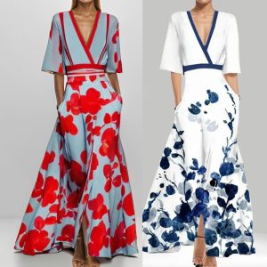 European and American style 2025 new women's fashion, elegant V-neck short-sleeved printed waist-cinching long dress