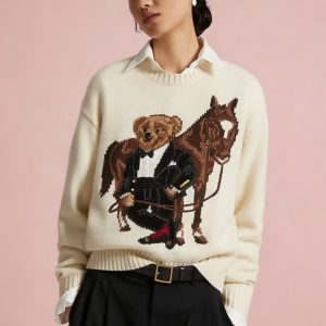 Top-quality pony logo, scannable QR code, R-L wool heavy-duty cartoon bear autumn/winter sweater for women, casual style.