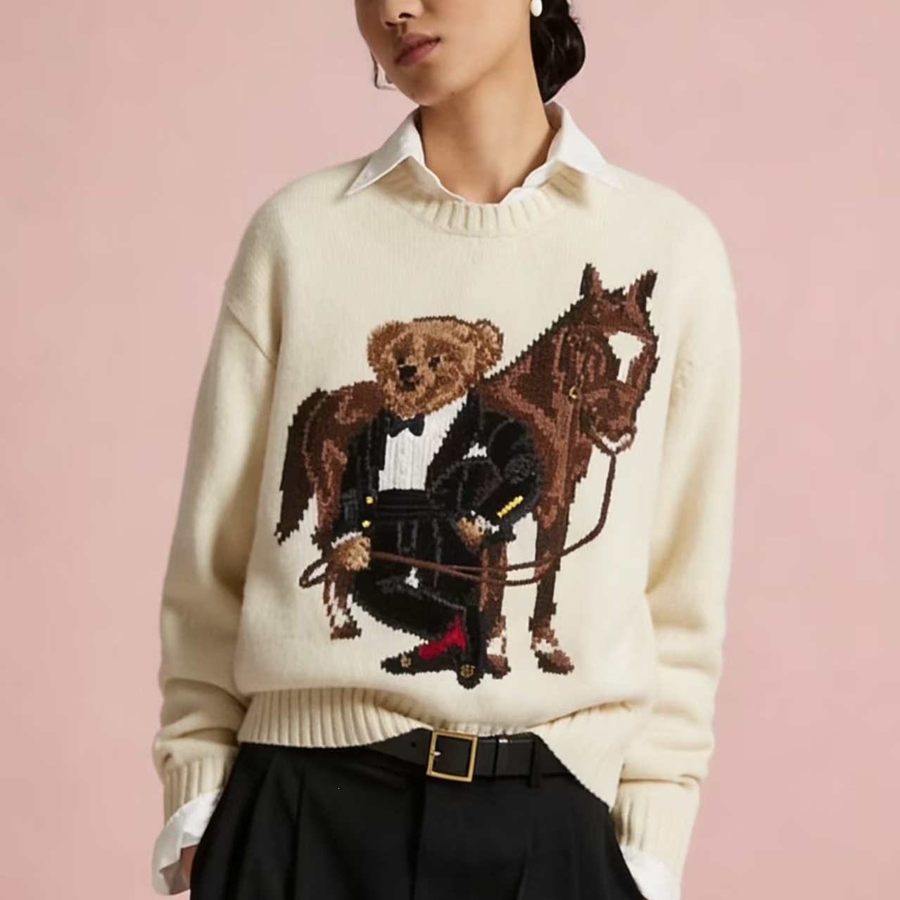 Top-quality pony logo, scannable QR code, R-L wool heavy-duty cartoon bear autumn/winter sweater for women, casual style.