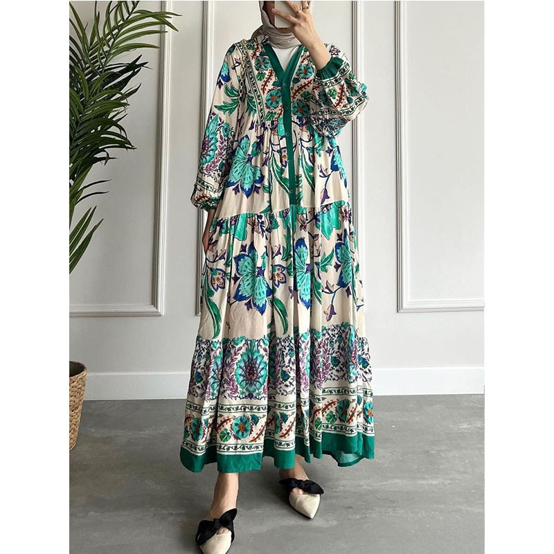 2023 new color contrast dress cross-border dress women's long-sleeved stand-up collar printed large swing skirt national long skirt - Image 2