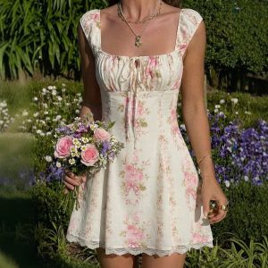French floral print sundress, summer A-line skirt with a cinched waist, European and American vacation style short skirt, cross-border women's clothing.
