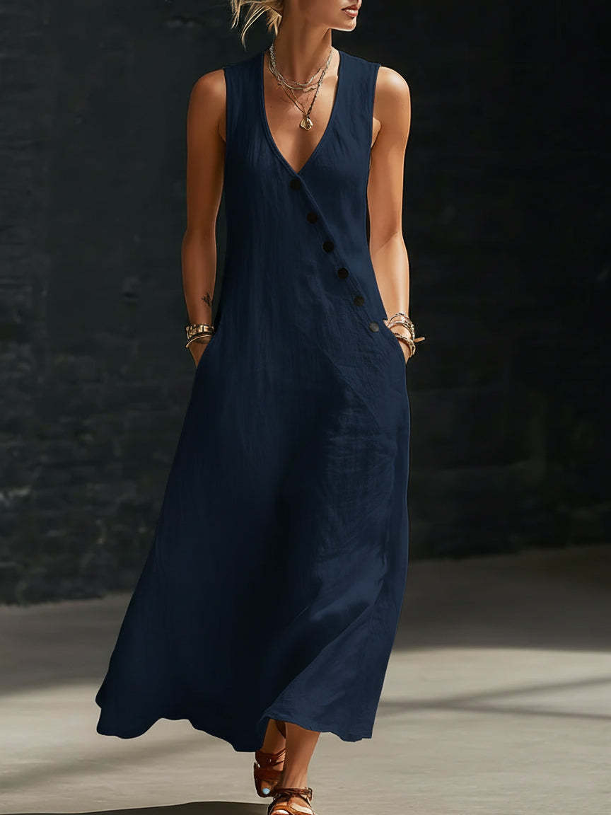 In stock Amazon summer cross-border V-neck sleeveless diagonal button vest dress long women's vacation casual dress - Image 19