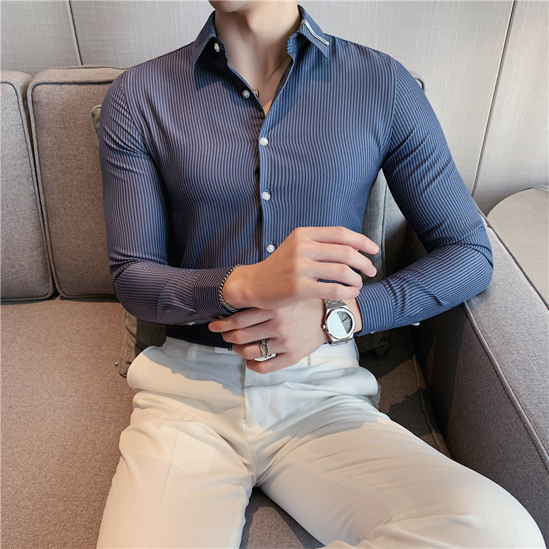 Spring new men's slim shirt collar ribbon shirt Korean style slim striped shirt men's casual shirt - Image 4