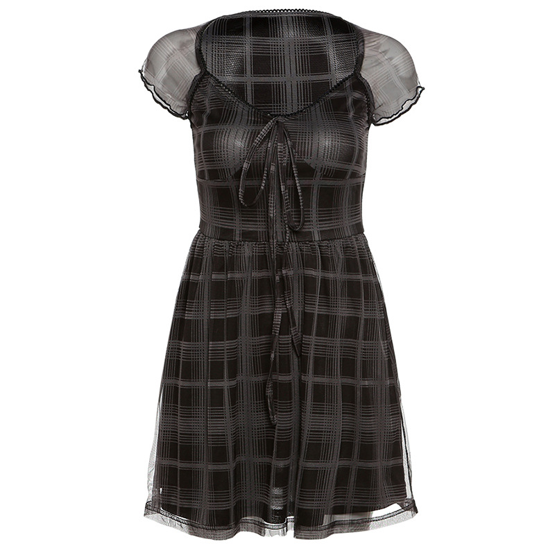 Fashion trend 2021 European and American style foreign trade spring and summer new products women's sexy slim plaid square neck dress women - Image 7