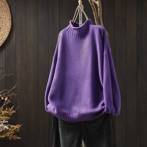 Red retro half-high collar sweater for women loose large plate 2023 autumn and winter casual pullover knitted bottoming shirt