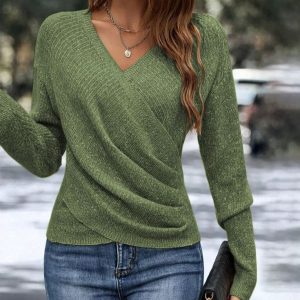 Spot goods, European and American cross-border e-commerce, Amazon, eBay, independent website, V-neck long-sleeved crossover solid color knit sweater