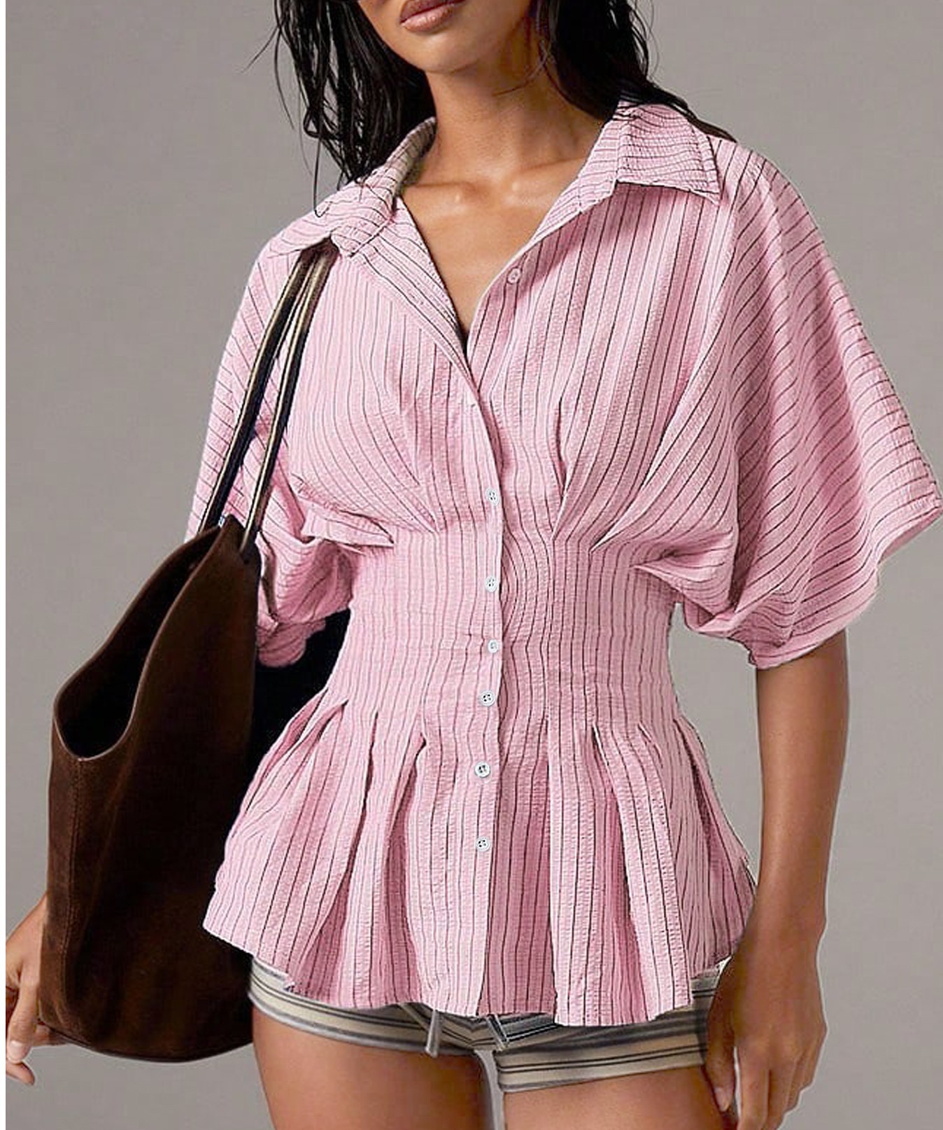AliExpress New European and American Style Waist-cinching Shirt, Casual and Versatile Striped Pleated Waist-cinching Slimming Top - Image 10