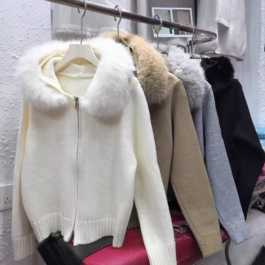 Cross-border Korean retro autumn and winter knitted cardigan women's loose casual versatile long-sleeved fur collar hooded sweater jacket women - Image 3