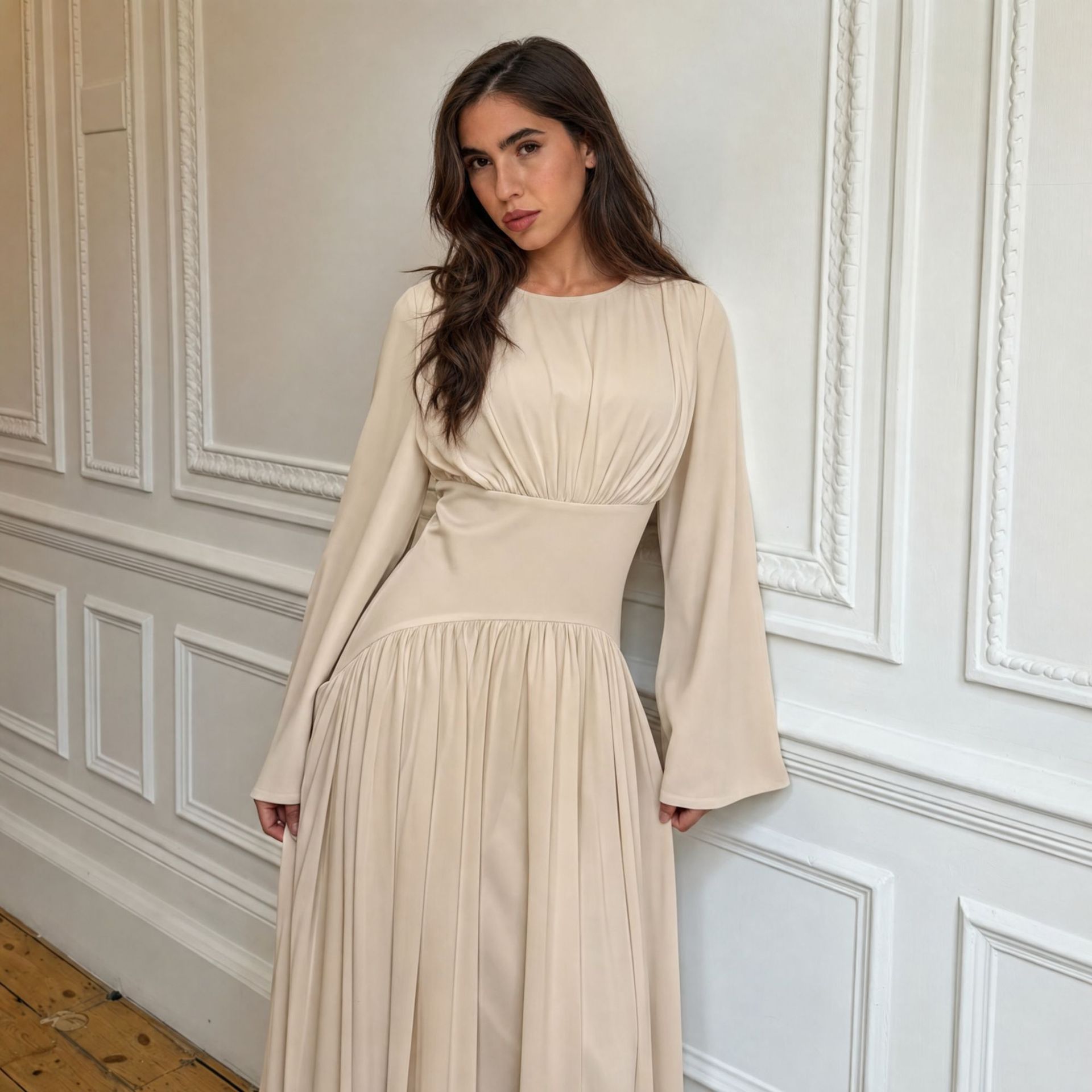2026 Loriya Elegant Solid Color Long-Sleeved High-Quality Double-Layer Fitted Waist Dress LR1330 - Image 4