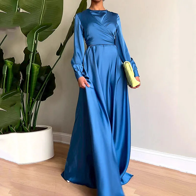 2023 Autumn European and American Amazon cross-border foreign trade new solid color round neck textured high-waist slim long-sleeved dress - Image 5