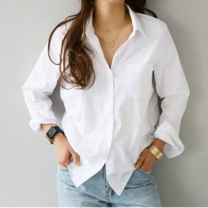 2023 Spring New Solid Color Pure Cotton Bottom Long-sleeved Shirt OL Professional Slim Slim Lapel Shirt Women
