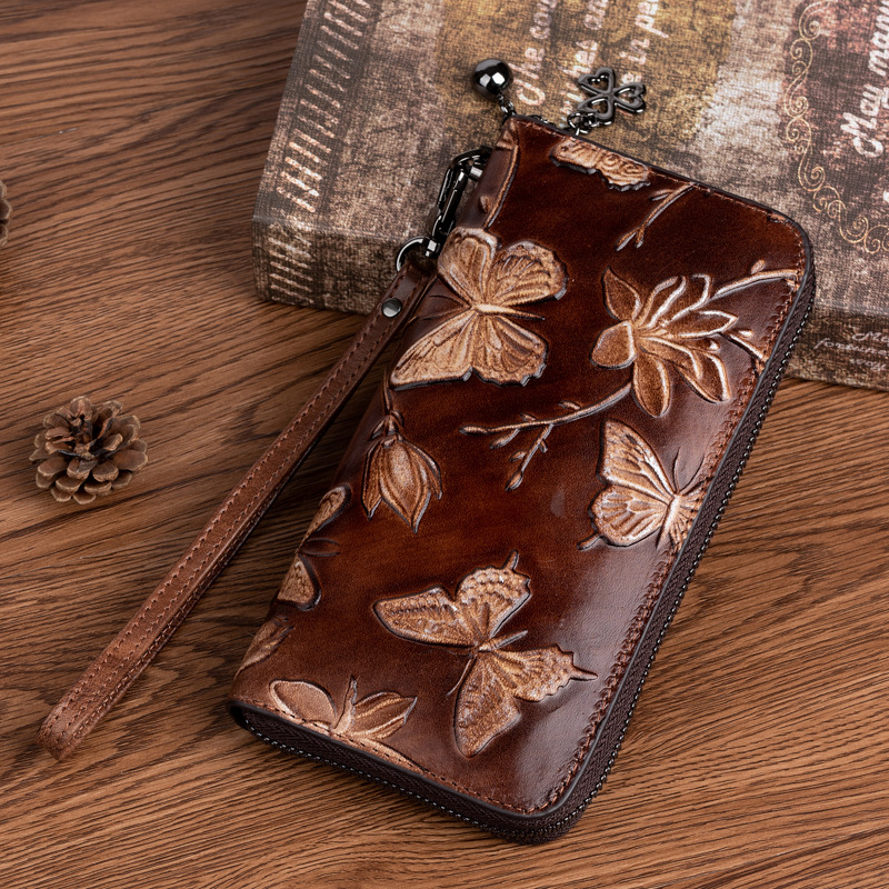 2025 new top layer cowhide handbag women's Chinese style embossed rubbed color long wallet fashion retro clutch bag - Image 4