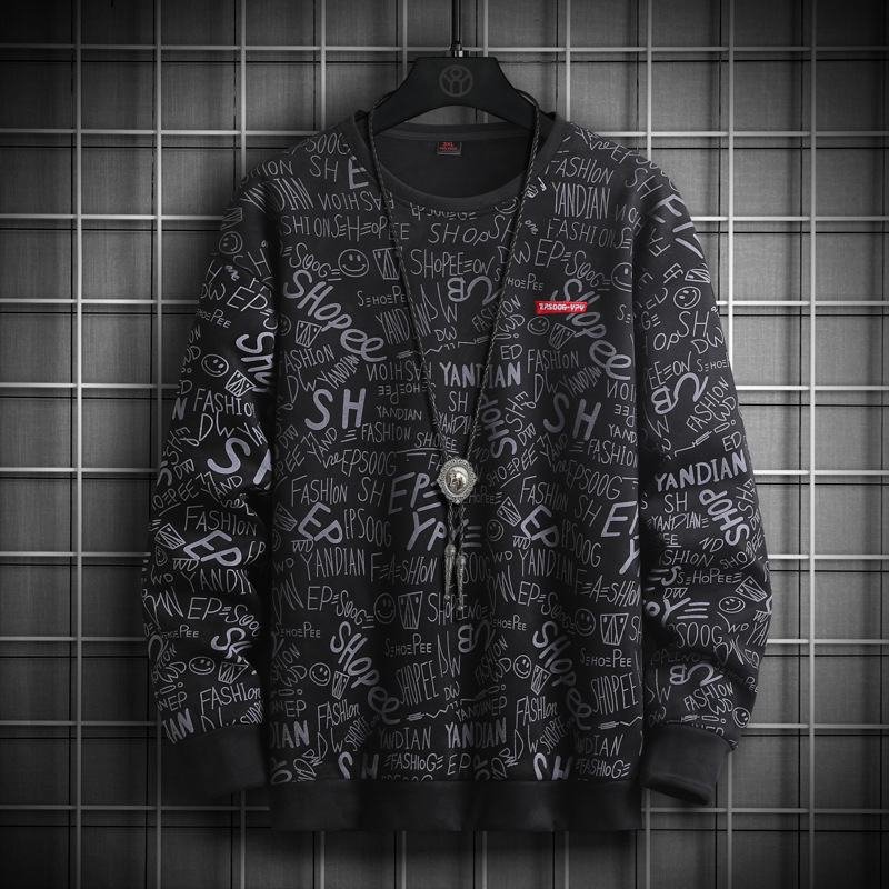 Sweater men's 2023 spring new youth fashion full print casual loose American round neck suede sweater cross-border - Image 4