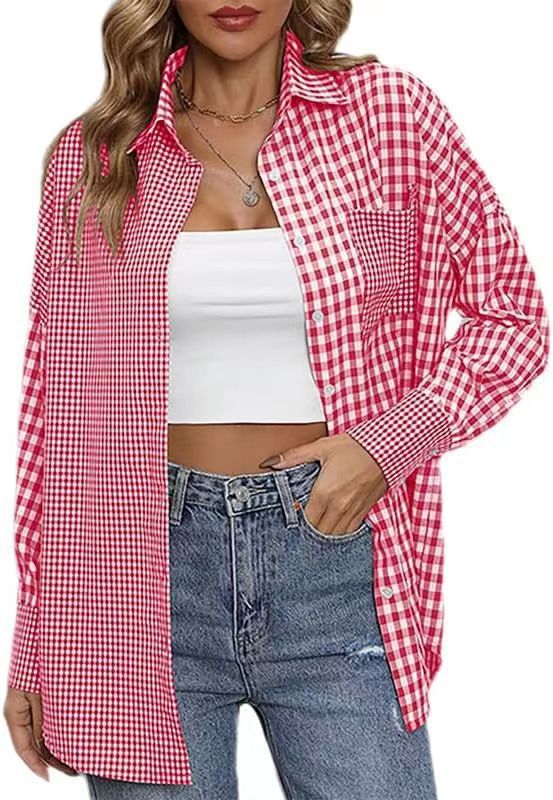 2023 Amazon women's spring and summer new cross-border European and American foreign trade ladies' fashion loose casual plaid shirt - Image 12