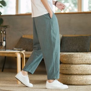 Nine-point trousers men's summer thin cotton and linen trousers loose straight large size casual trousers Chinese style men's trousers cotton and linen trousers