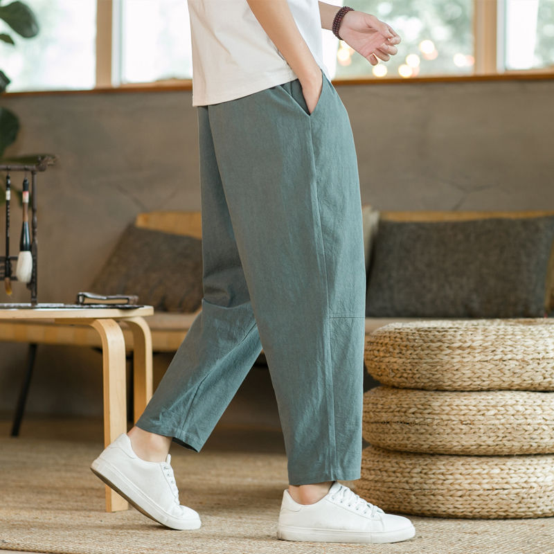 Nine-point trousers men's summer thin cotton and linen trousers loose straight large size casual trousers Chinese style men's trousers cotton and linen trousers