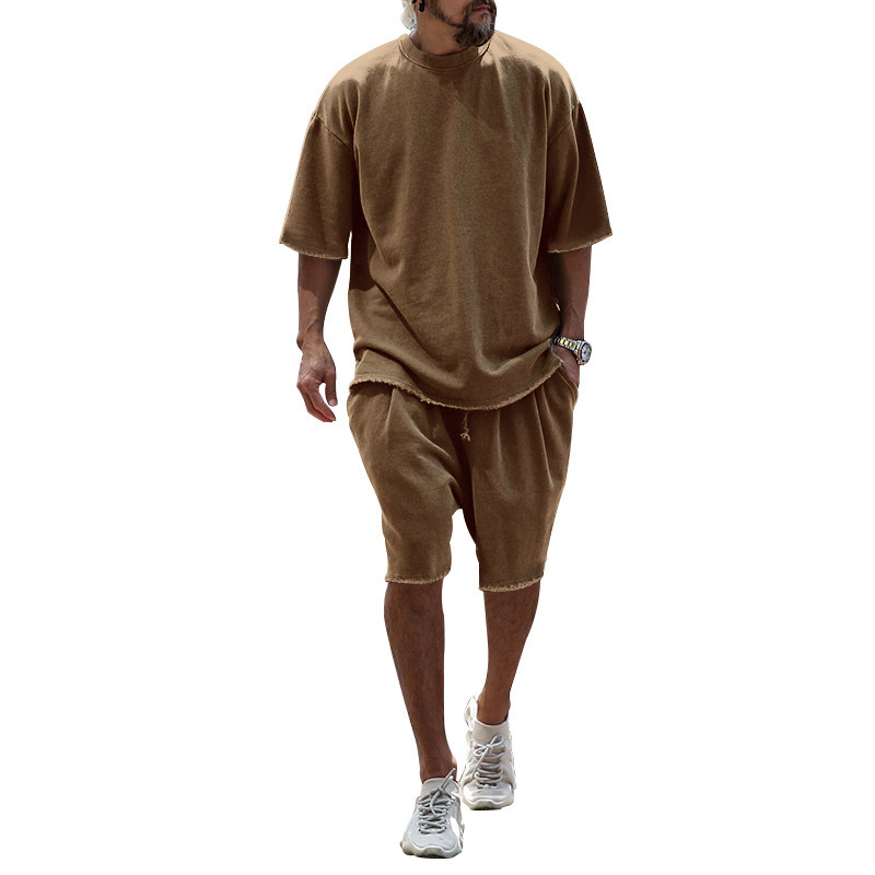 2025 Export Hot Selling Summer Solid Color Sports Suit Casual Loose Short-Sleeve Shorts European and American Trendy Fashion Men's Clothing - Image 9