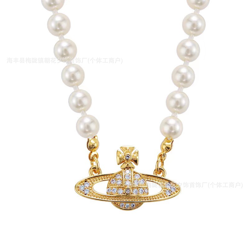 Classic Vivienne Westwood Saturn Pearl Necklace, High-End Version, Full Diamond Inlay, Swarovski Glass Pearl Chain, Women's Style, Nana's Style - Image 5