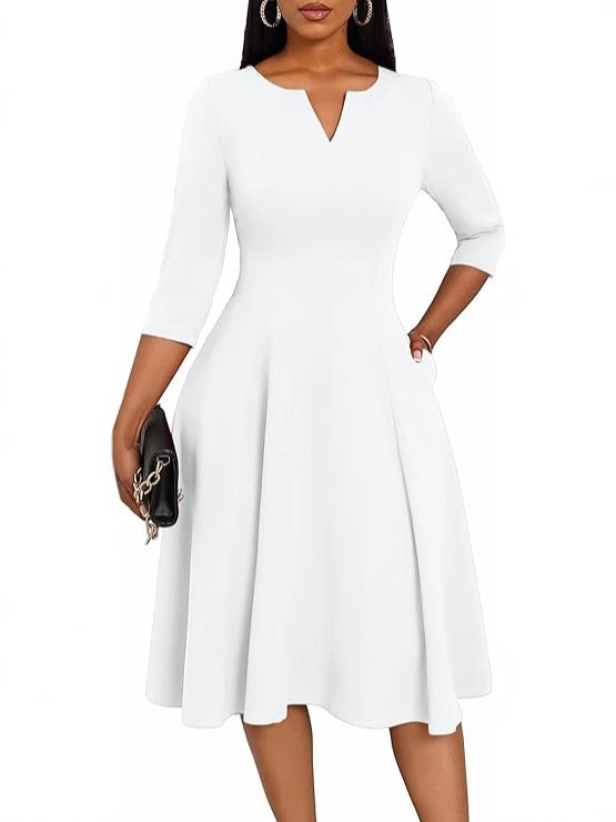 Amazon Midi Dress, Fitted Flare Dress, Three-Quarter Sleeve Wedding Guest Dress - Image 11