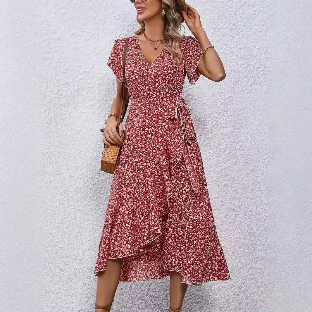Independent Amazon cross-border e-commerce platform, floral print V-neck cardigan with tie-up short sleeves, bohemian style, full skirt, vacation dress - Image 3