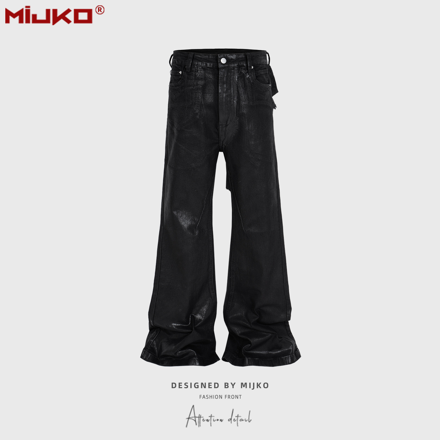 MIJKO men's and women's black rubber coated flared pants unisex high street splicing destroyed black warrior jeans