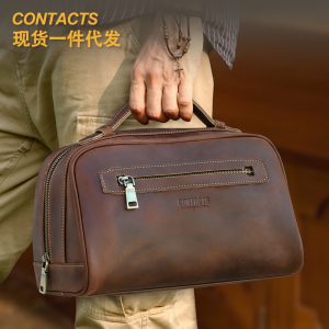 Black Angel Vintage Crazy Horse Leather Portable Unisex Storage Bag Large Capacity Genuine Leather Cosmetic Bag Washing Bag