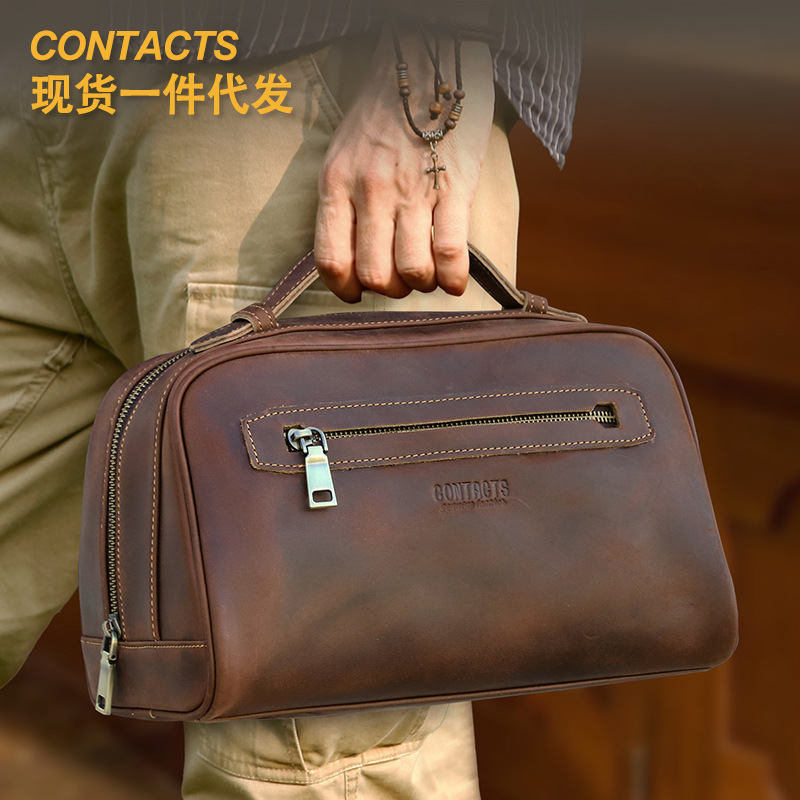 Black Angel Vintage Crazy Horse Leather Portable Unisex Storage Bag Large Capacity Genuine Leather Cosmetic Bag Washing Bag