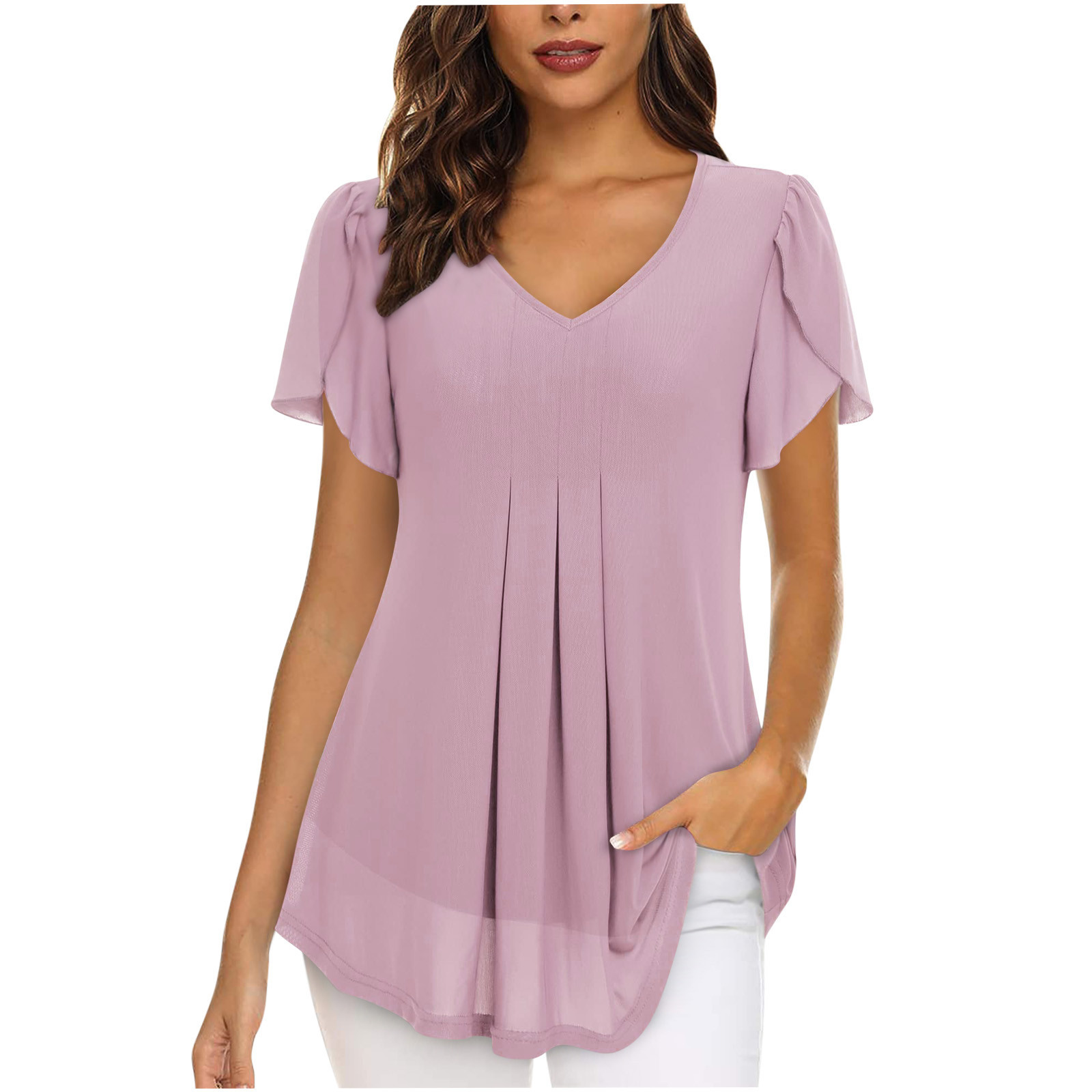 2023 European and American style women's chiffon blouse with petal-shaped short sleeves, waist-cinching top, summer casual T-shirt with pleats - Image 9