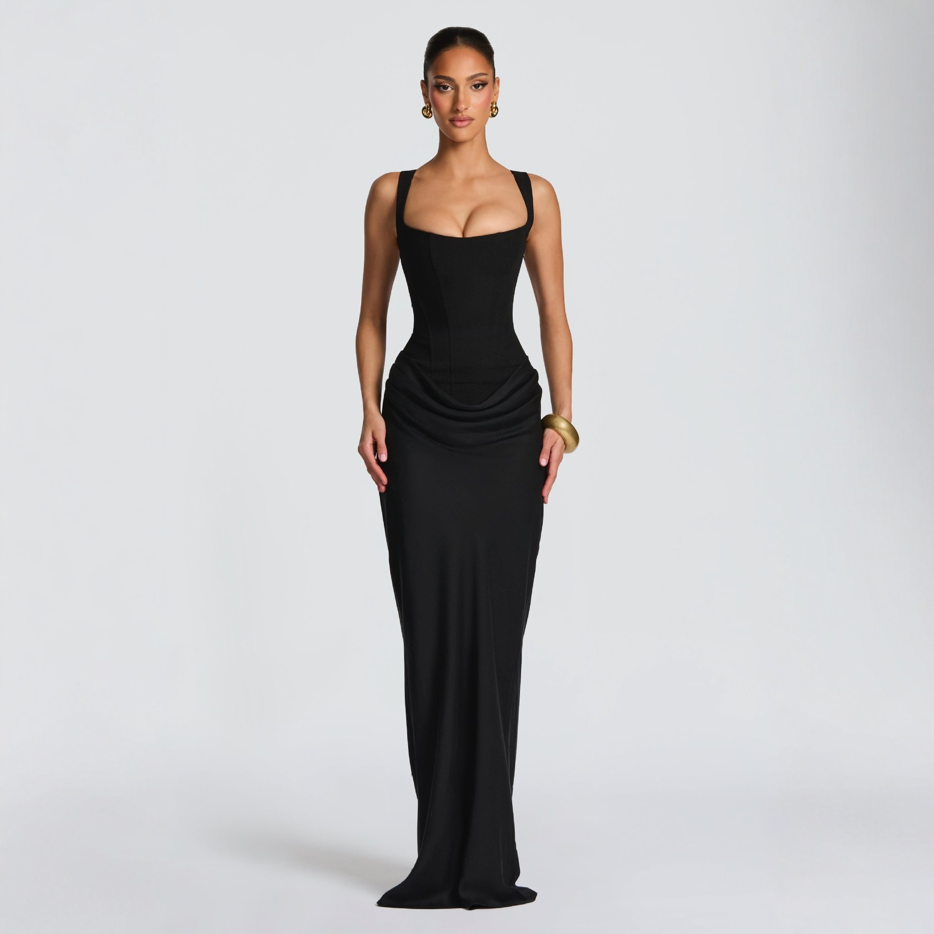 European and American style women's casual long-sleeved slim-fit herringbone pure and sexy suspender long dress slim solid color hip-hugging dress - Image 10