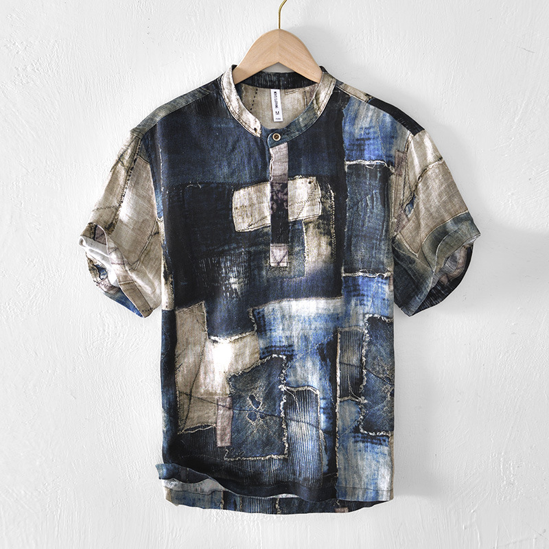 Chinese style linen short-sleeved shirt men's summer five-quarter sleeve top T-shirt stand collar loose pullover half-sleeved shirt - Image 7