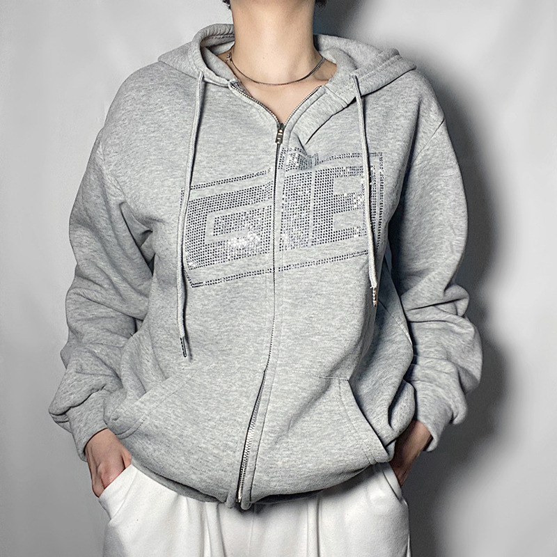 European and American style foreign trade 2021 autumn and winter new hoodie round neck loose letter hot drilling zipper cardigan sweater plus velvet - Image 4