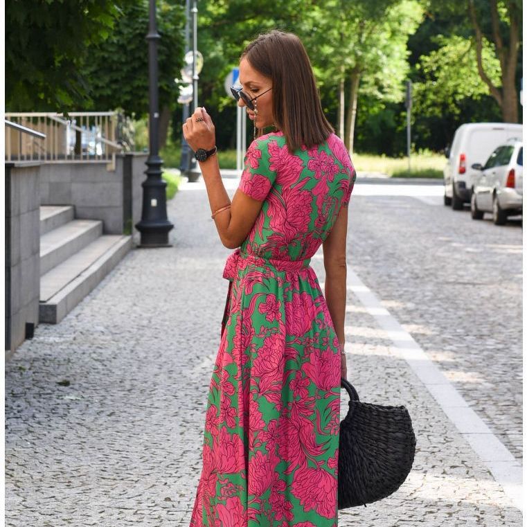 2023 European and American women's cross-border foreign trade AliExpress Amazon summer new v-neck print tie dress - Image 5