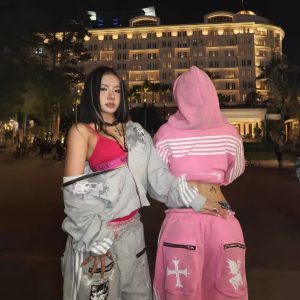 European and American retro design three-bar printed hoodie trendy street zipper loose slim men's and women's sweatshirt