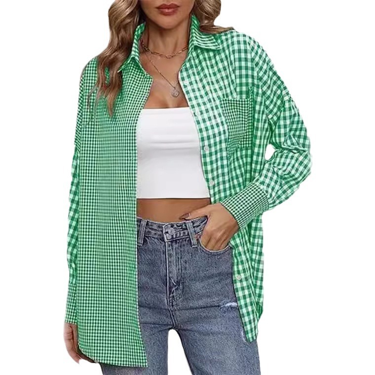 2023 Amazon women's spring and summer new cross-border European and American foreign trade ladies' fashion loose casual plaid shirt - Image 5