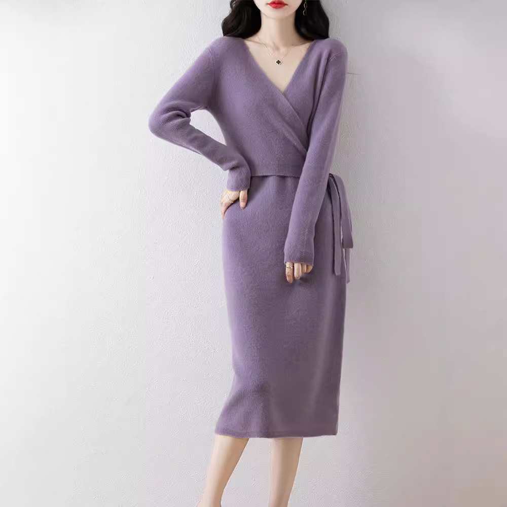 2024 Autumn/Winter New Light Luxury Pure Wool Dress Cross Neck Waist Tie-Waist Long Dress Slimming Knit Dress - Image 4