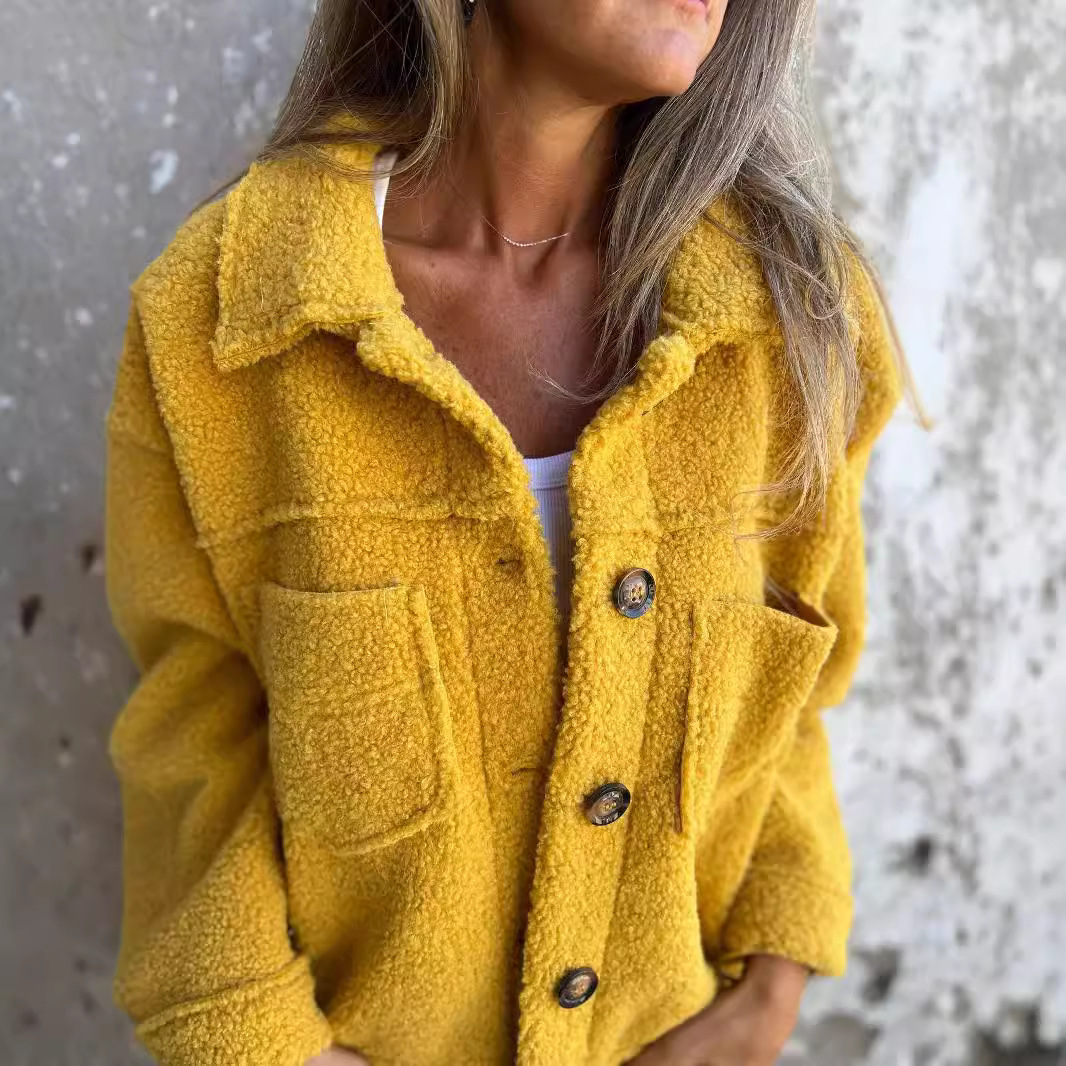 2024 European and American cross-border autumn and winter new lambskin patch pocket single row casual cardigan jacket for women ~ Independent station fast sale - Image 3