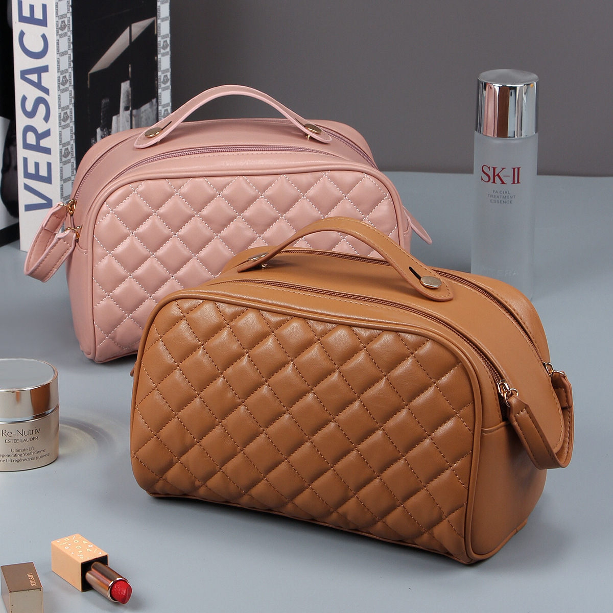 Rishang Luggage Quilted Cosmetic Bag Women's Multifunctional Large Capacity Washing High-end Cross-border Padded Bag Autumn and Winter