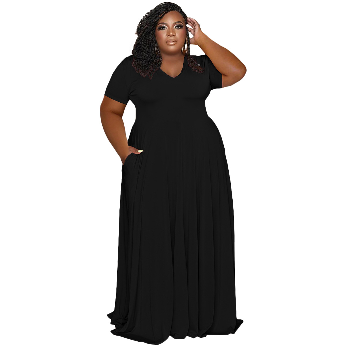 FAGADOER Elegant Solid Plus Size Dress XL-5XL Women Short Sleeve A-line Folding Dress Fashion Casual Clothing Streetwear Robe 2022 - Image 2