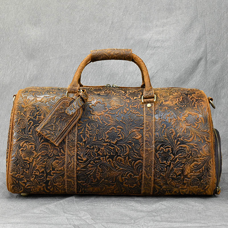 Retro Crazy Horse Leather Travel Bag for Men, Genuine Leather Luggage Bag, 20-inch Large Capacity Handbag with Shoe Compartment, Gym Bag - Image 9