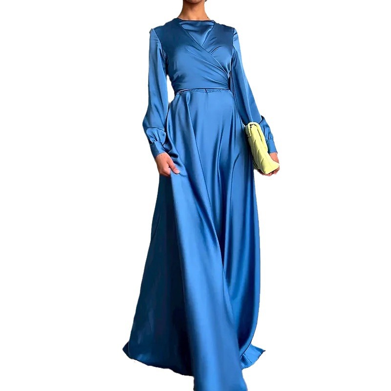 2023 Autumn European and American Amazon cross-border foreign trade new solid color round neck textured high-waist slim long-sleeved dress - Image 4