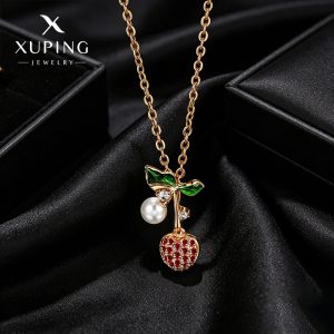 Xuping Fashion's new zircon-encrusted sweet cherry delicate and elegant clavicle necklace, a luxurious and understated piece available for wholesale.