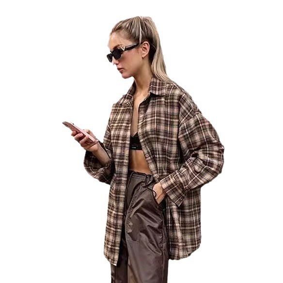2024 European Station Cross-border Spring Retro Plaid Shirt Women's Long Design Base Plaid Shirt Loose Fit - Image 6