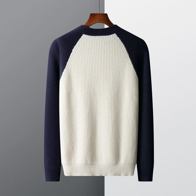 Autumn and winter new wool sweater men's color matching round neck Yuanbao needle thickened youth fashion casual knitted wool bottom - Image 2