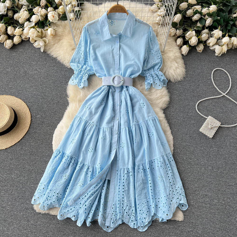 Light Luxury Minority Hollow Embroidered Dress Women's Summer 2022 New Tight Waist Slimming Puff Sleeve Shirt Midi Dress - Image 11