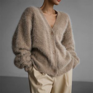 2025 Cross-border European and American Foreign Trade Faux Mink Fur Knitted Cardigan Women's Lazy Style Loose Soft V-neck Sweater Coat