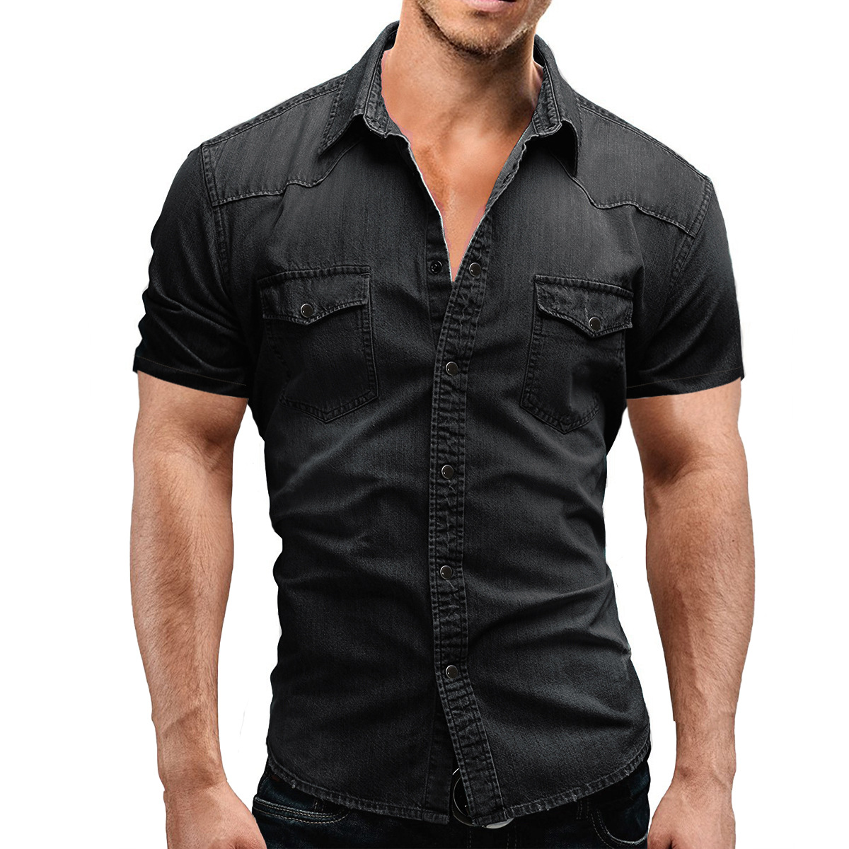 Hong Kong trendy brand 2023 summer new casual solid color men's denim short-sleeved shirt casual large size designer style - Image 4